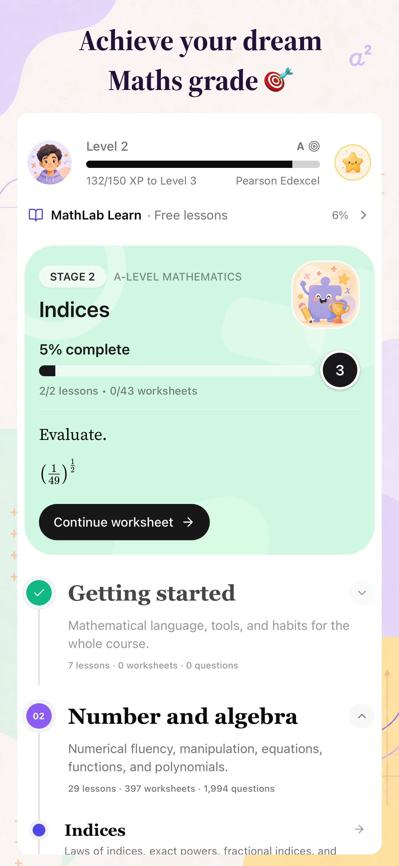 MathLab home screen showing the student’s level, target grade, progress and next recommended worksheet.