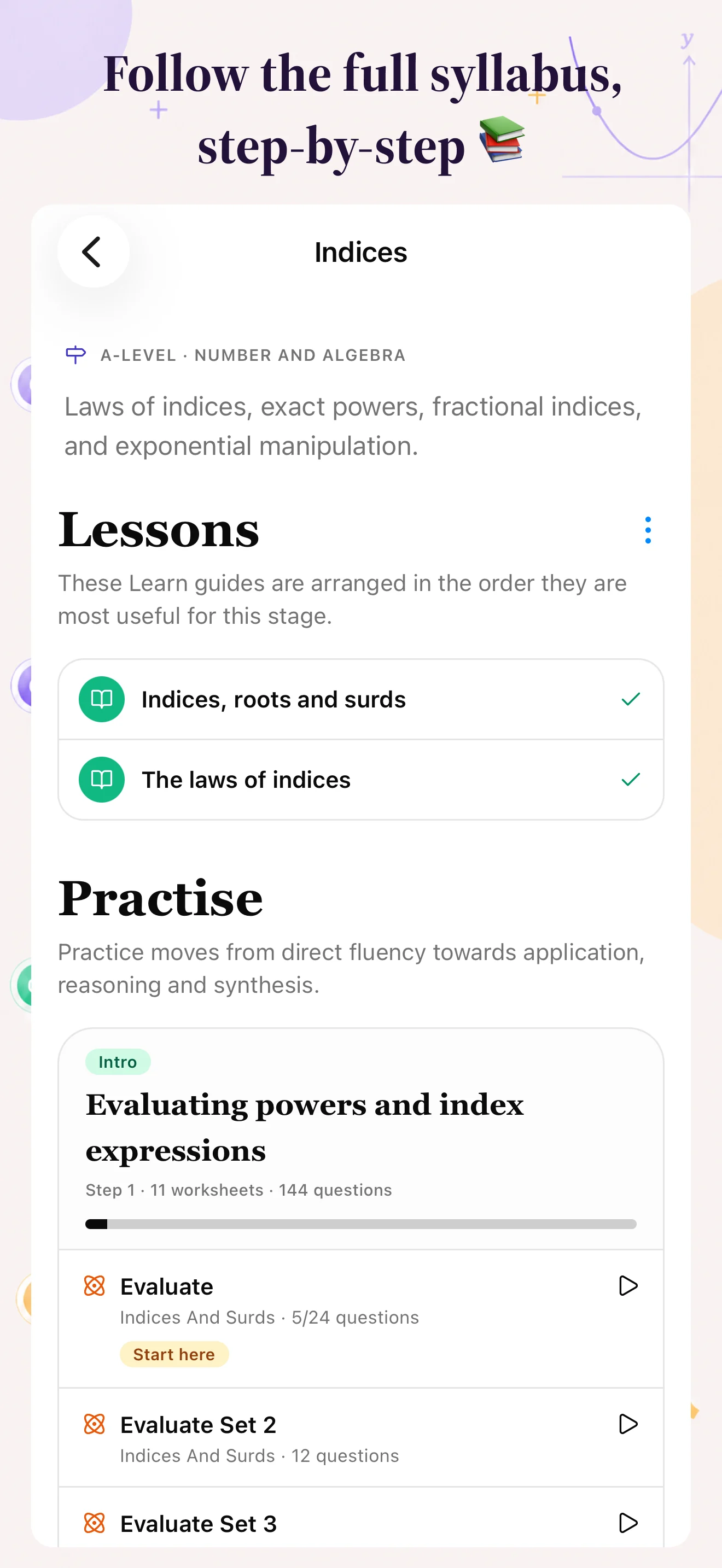 The Indices topic in MathLab, with ordered lessons and practice worksheets.