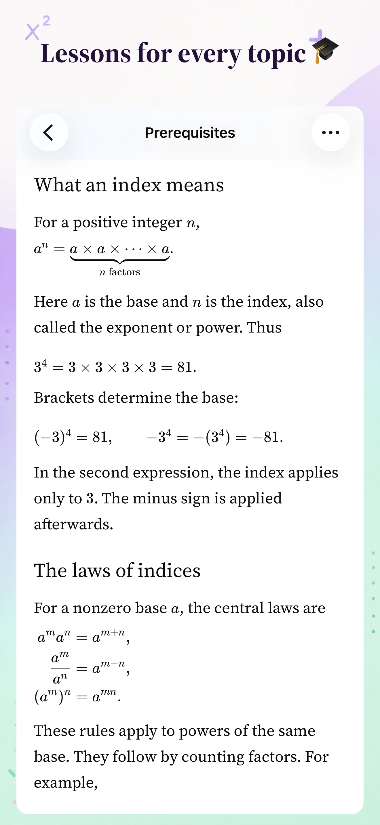 A MathLab lesson explaining indices with mathematical notation and worked examples.