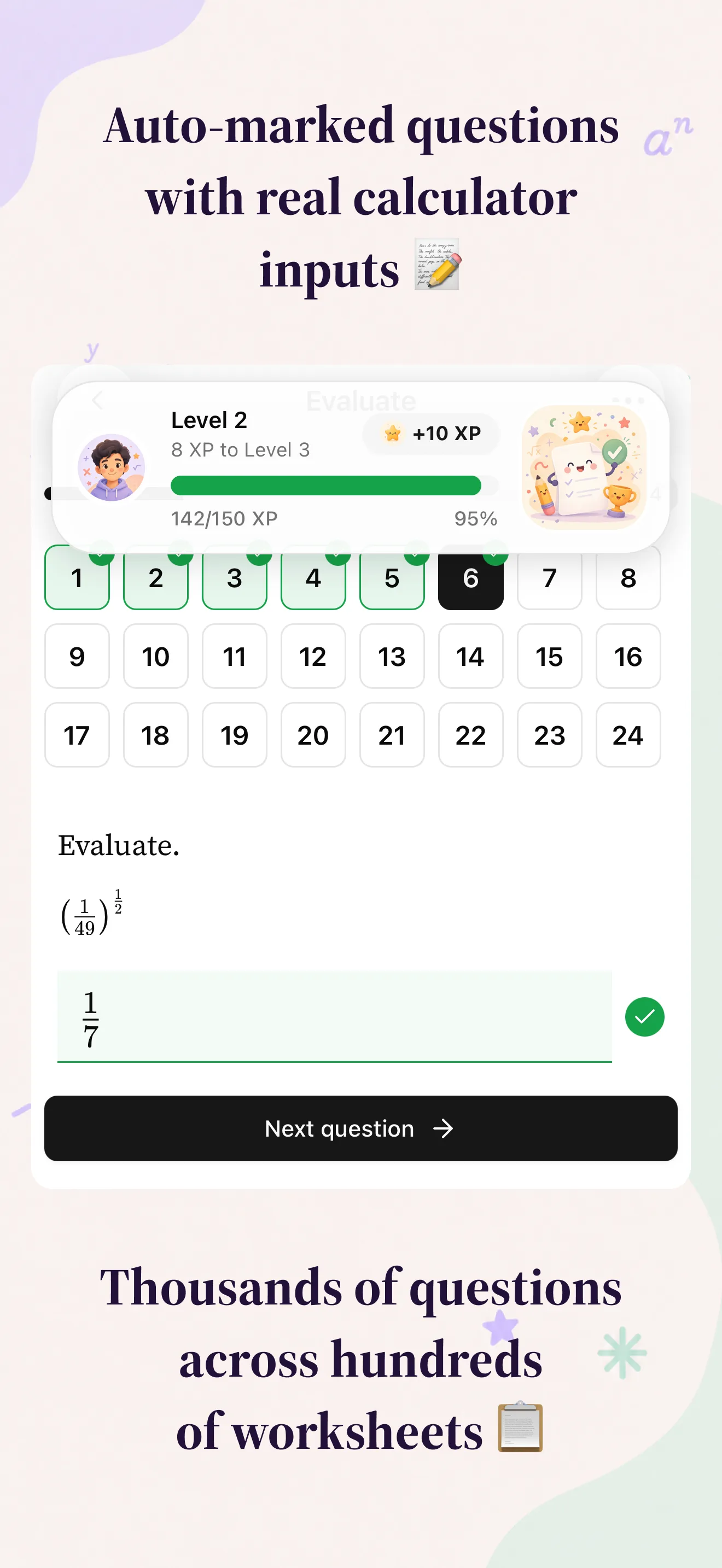 A correctly marked answer with immediate feedback and XP.