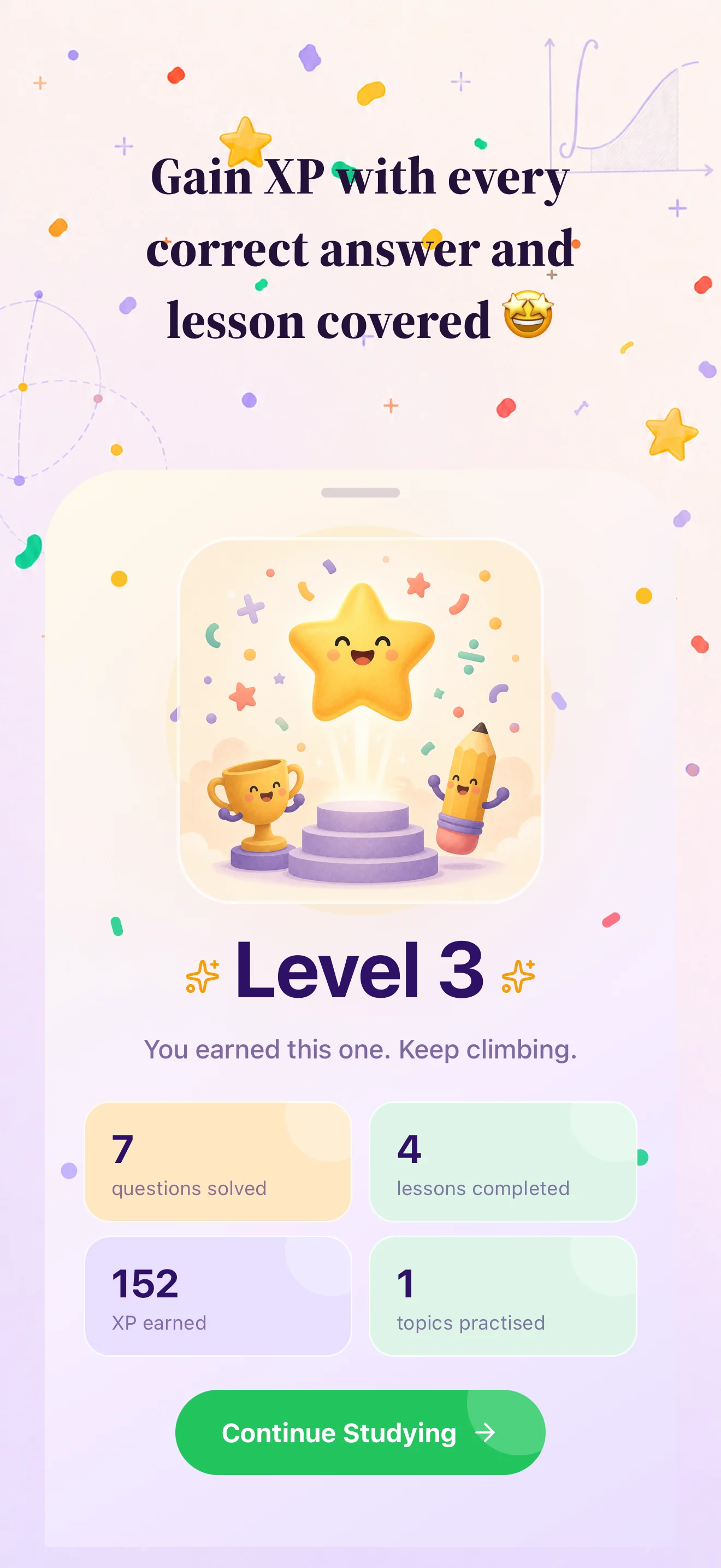 MathLab level-up screen celebrating Level 3 with study statistics and XP earned.